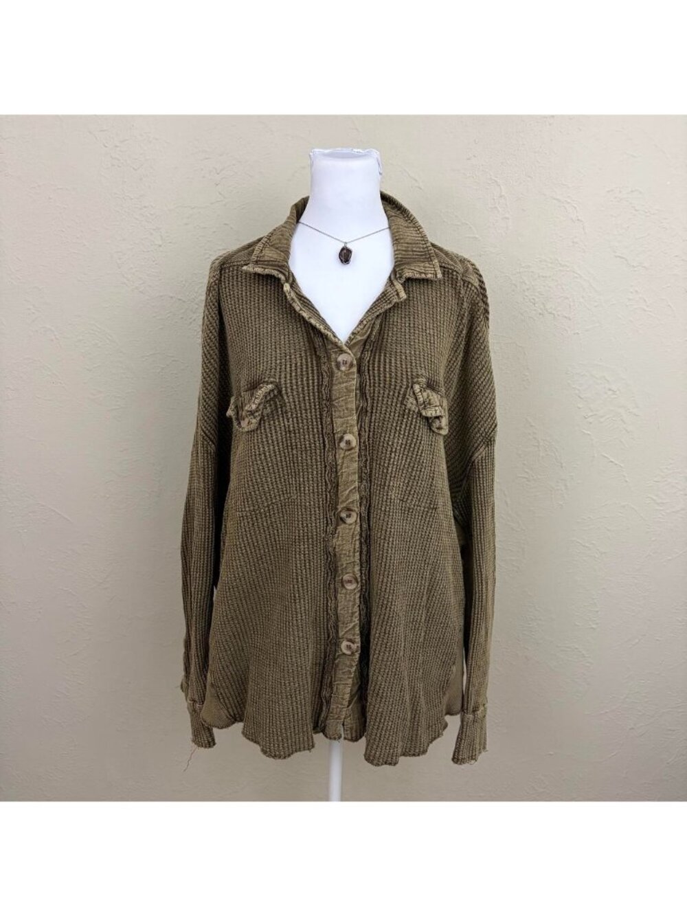 free people FP one khaki scout jacket top waffle knit button up shirt jacket - Picture 3 of 8